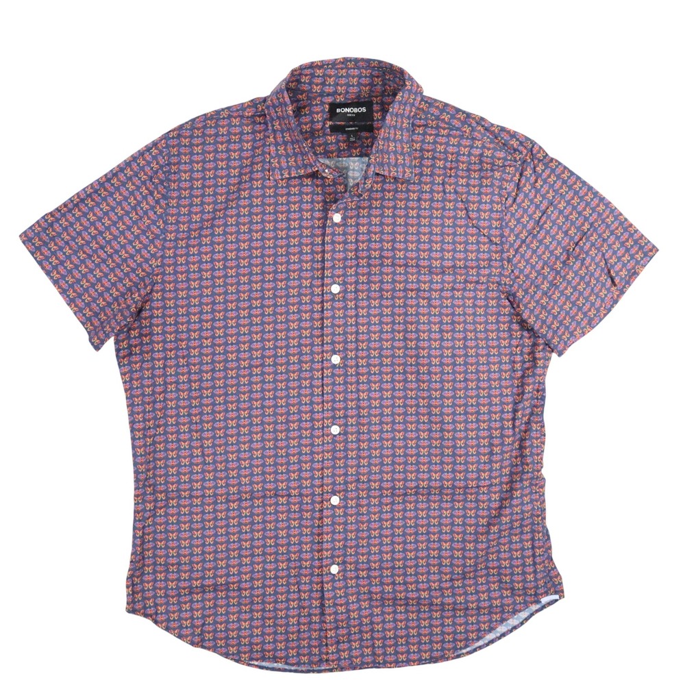 Bonobos Stretch Riviera Shirt Mens L Navy Butterfly Moth Print Cotton
